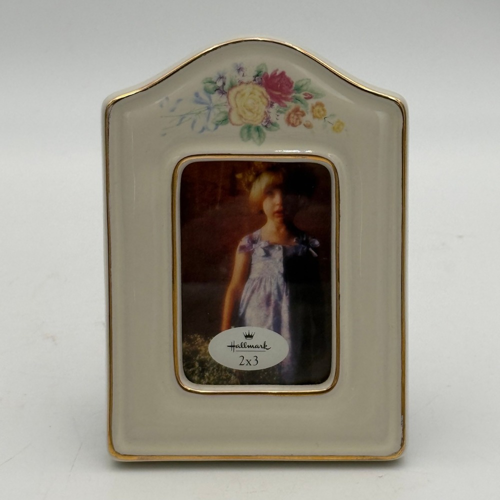 Hallmark Floral Ceramic Picture Frame Gold Trim 2x3 Tabletop Porcelain Cream